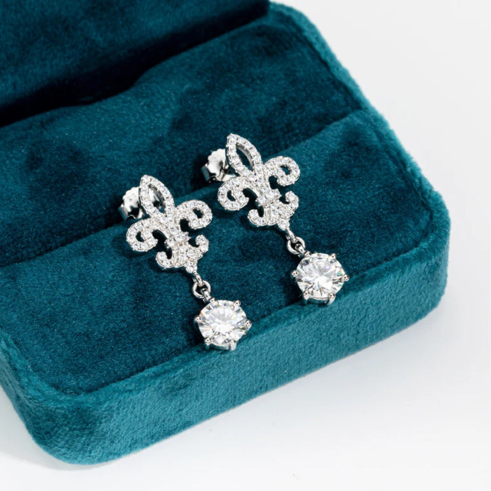 Moissanite Diamond Fleur De Lis Dangle Earrings