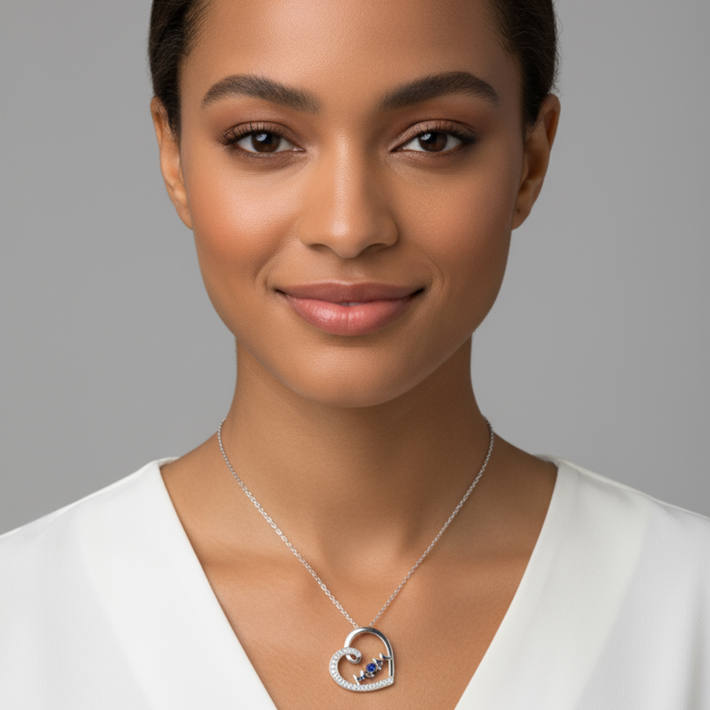 Blue Sapphire Mom Heart Pendant Necklace