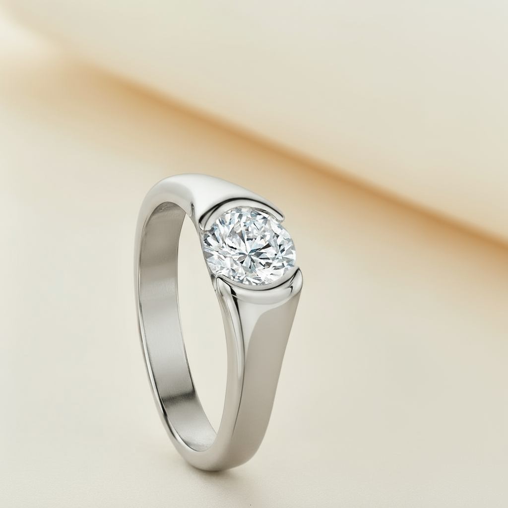 Half Bezel Moissanite Diamond Ring