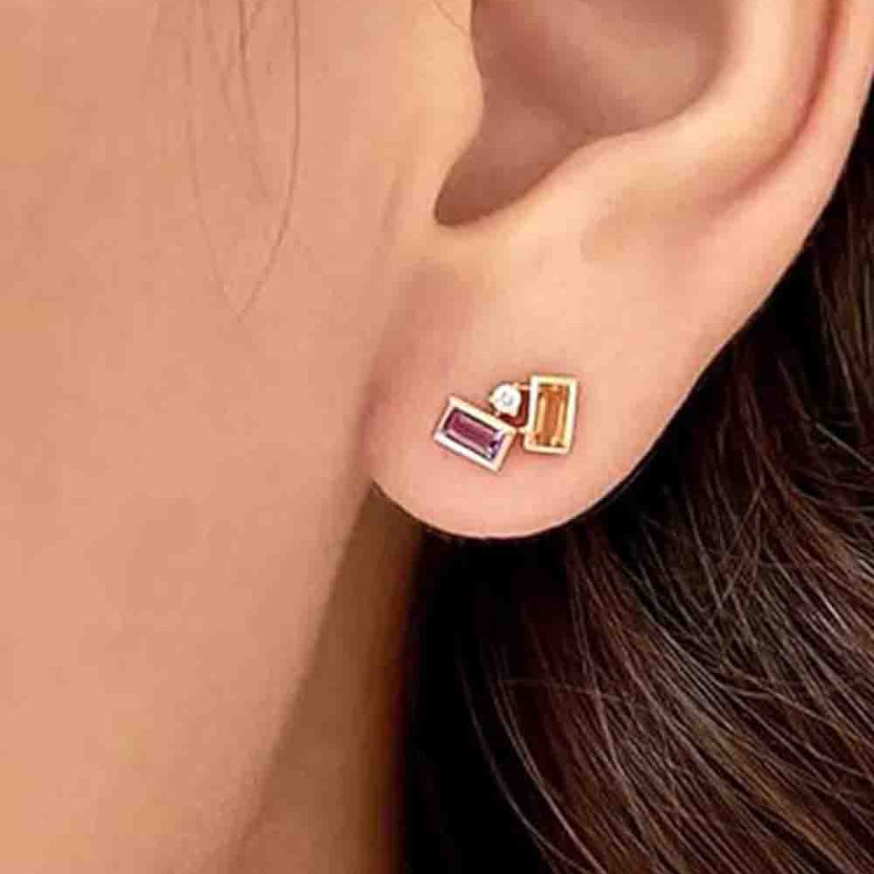 Baguette Simulated Amethyst Citrine Moissanite Gemstone Stud