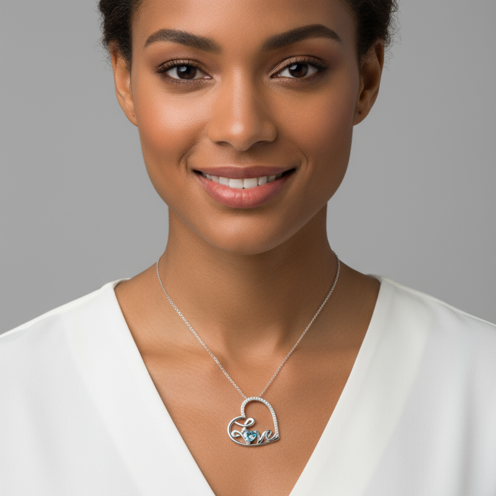 Blue Topaz Love Heart Pendant Necklace
