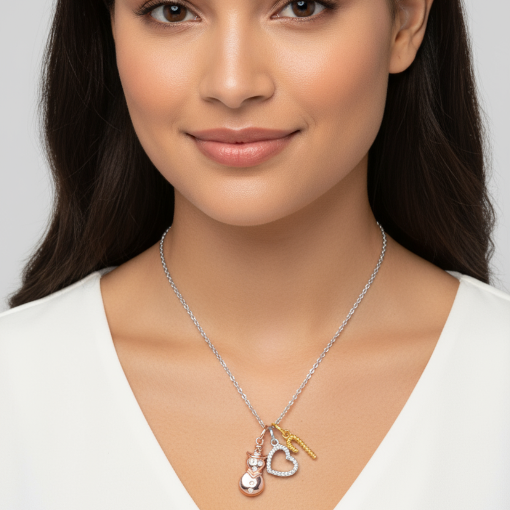 Snowman, Heart and Candy Cane Charms Pendant Necklace
