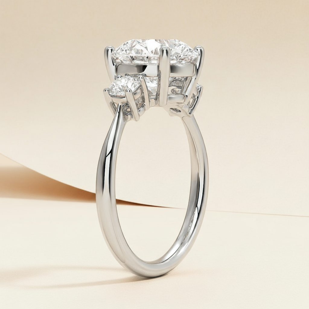 Round Three Stone Moissanite Diamond Engagement Ring