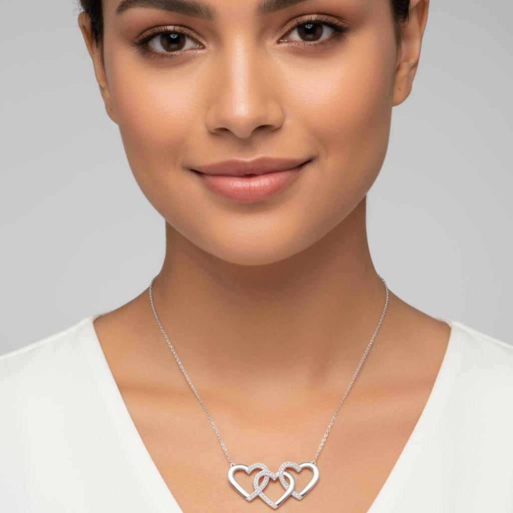 Triple Interlocking Heart Pendant Necklace