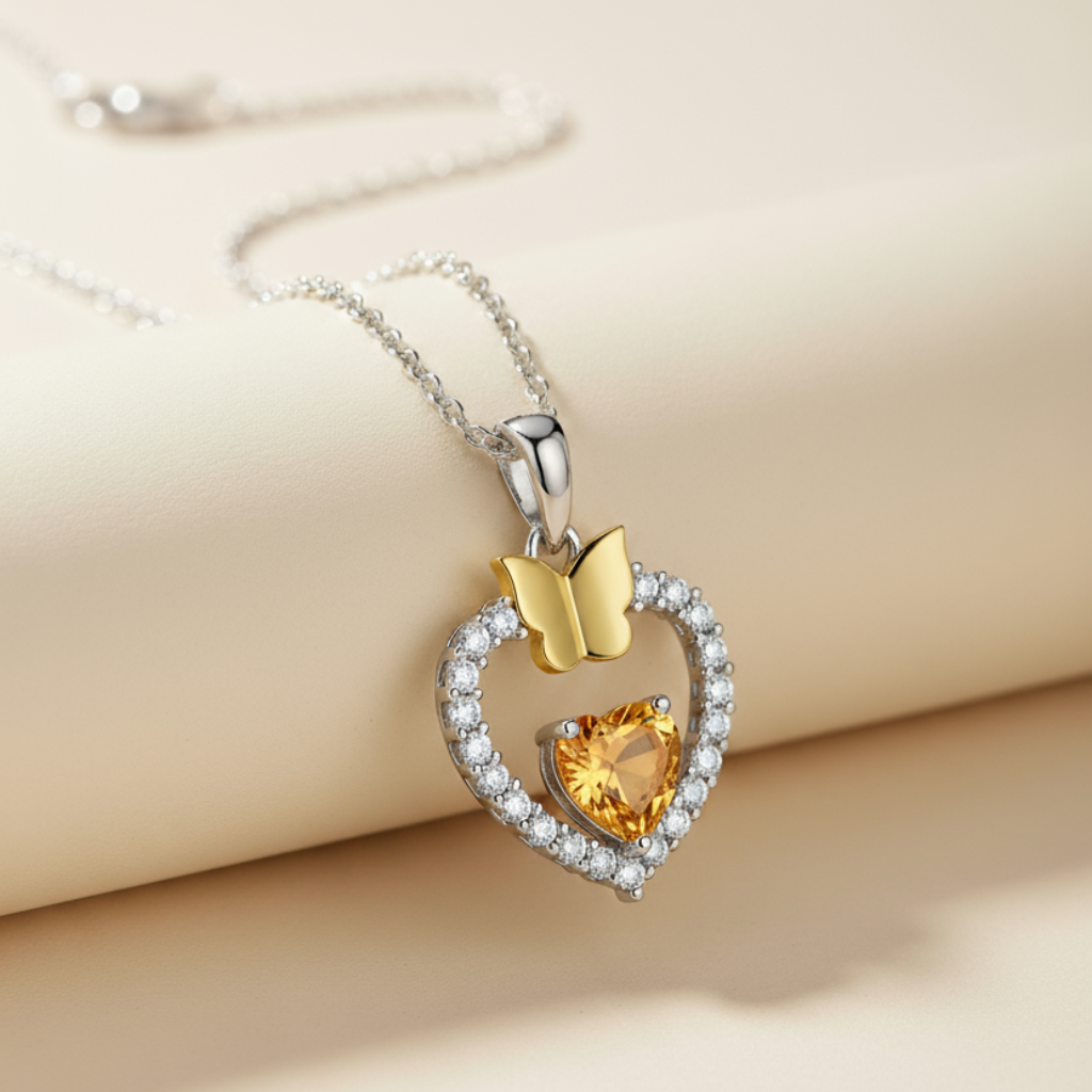 Gemstone Heart Butterfly Pendnat Necklace