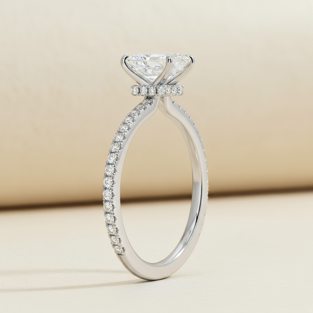 Emerald Secret Halo Moissanite Diamond Ring