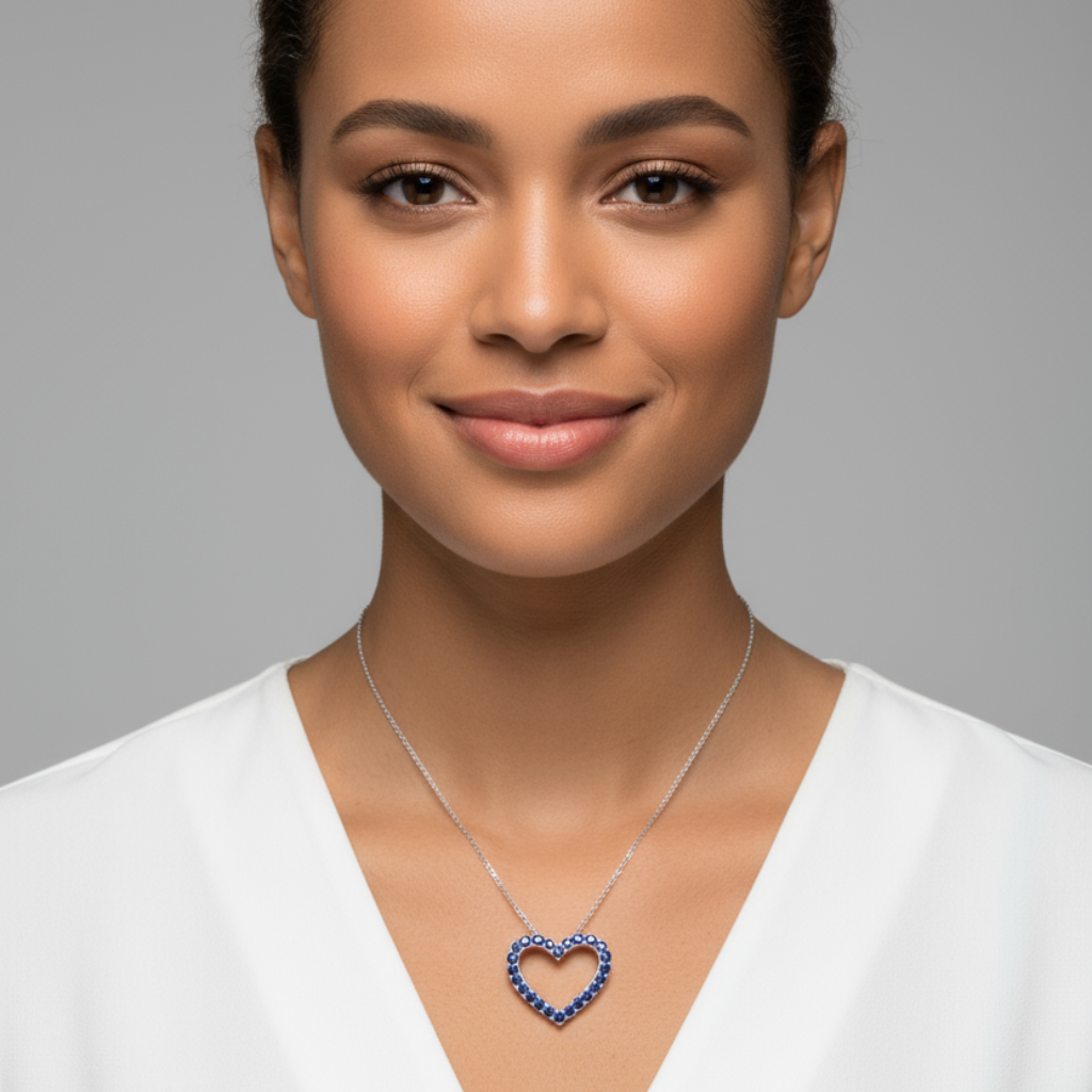 Blue Sapphire Open Love Heart Gemstone Pendant Necklace