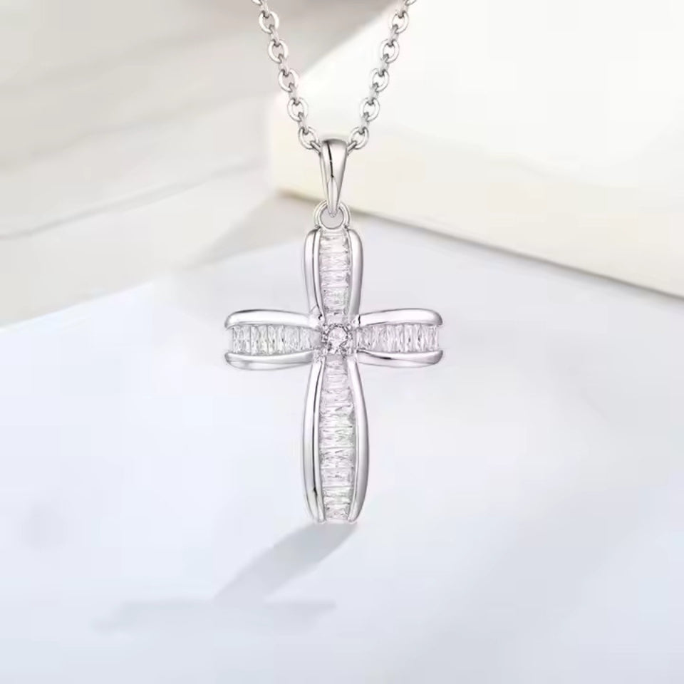 Baguette Round Cross Pendant Necklace