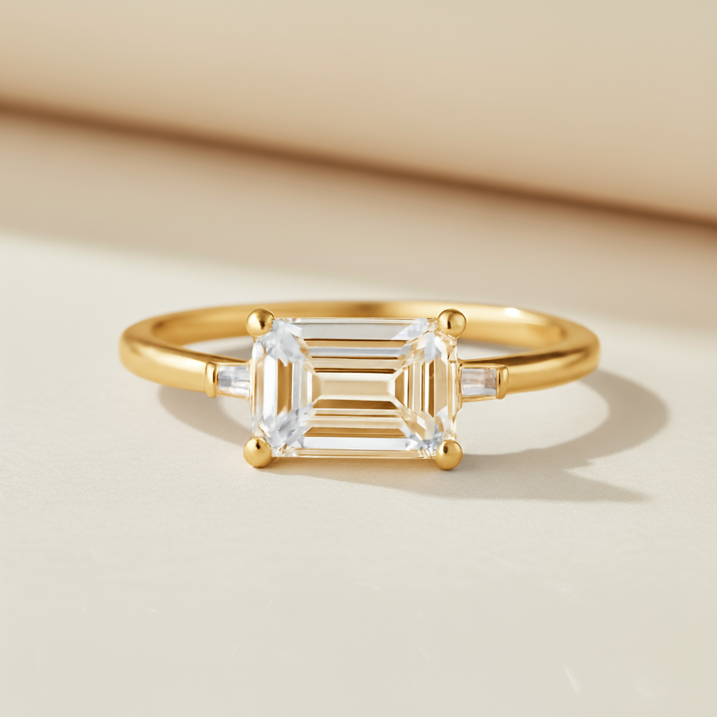 Emerald Three Stone Moissanite Diamond Ring