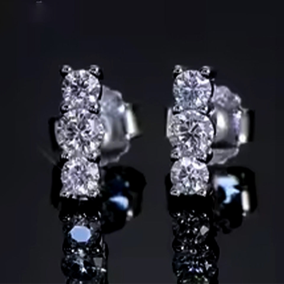 Three Stone Moissanite Diamond Bar Stud