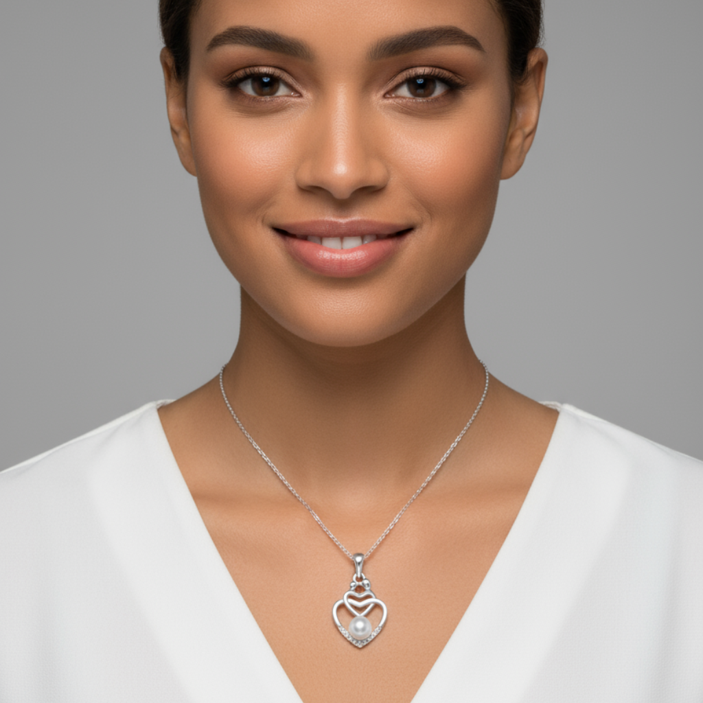 Pearl Child with Mom Double Heart Pendant Necklace