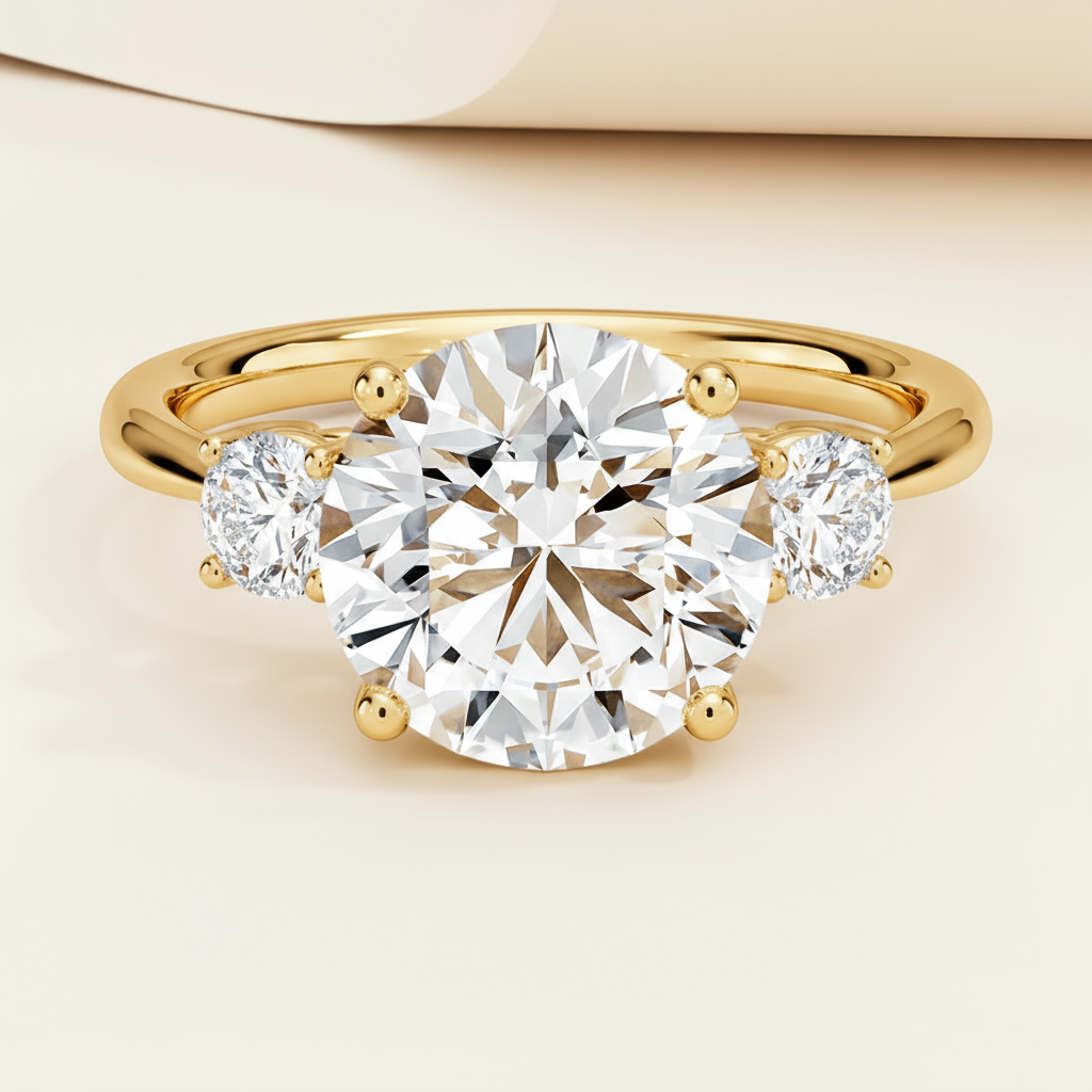 Round Three Stone Moissanite Diamond Engagement Ring