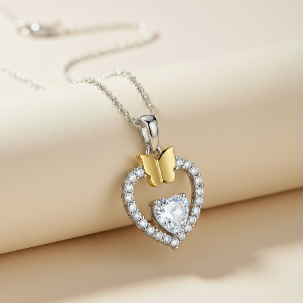 Gemstone Heart Butterfly Pendnat Necklace