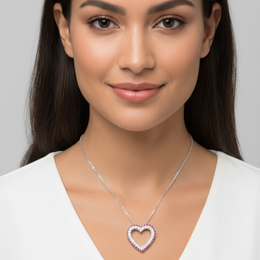 Pink Ruby Birthstone Heart Pendant Necklace