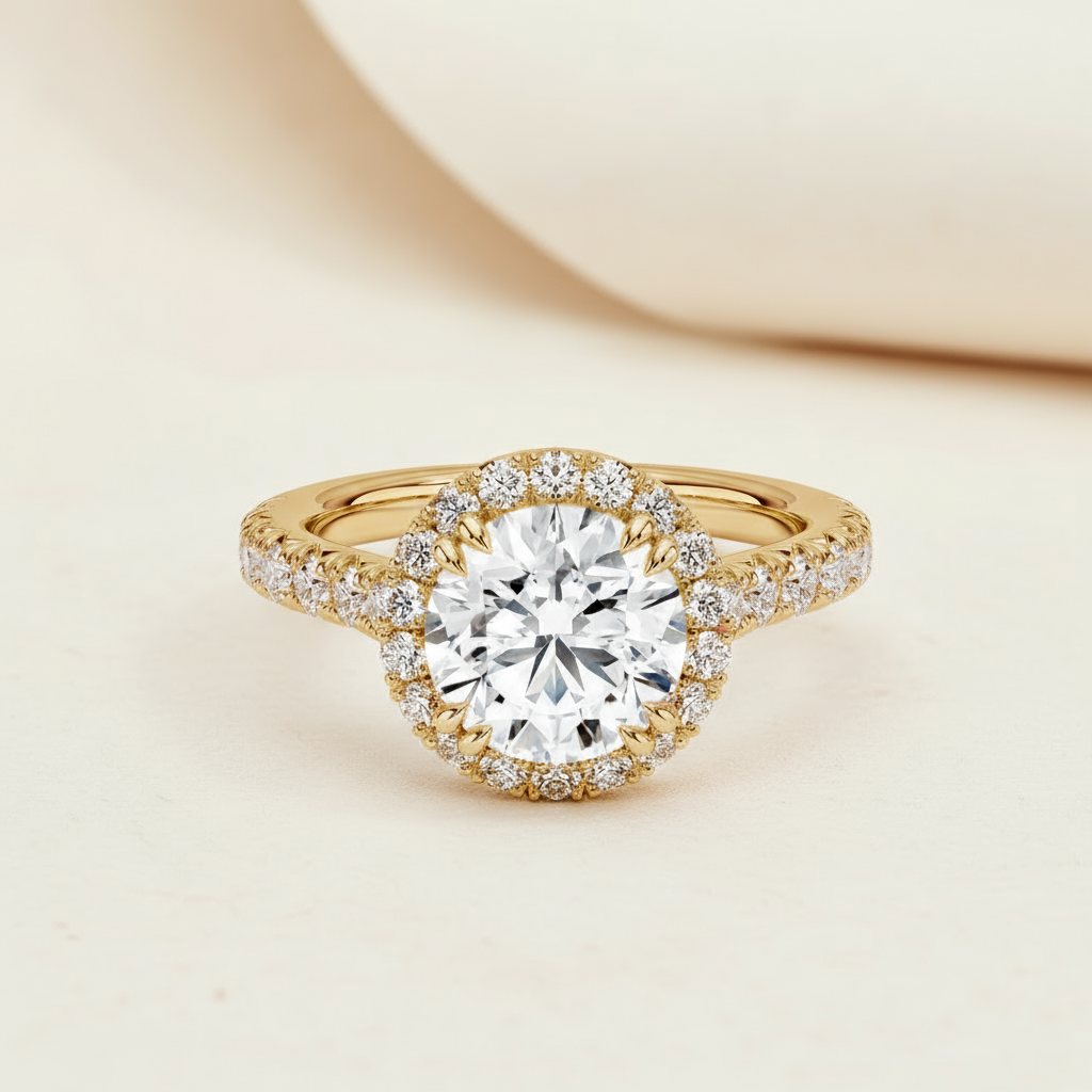 Round Halo Half Moissanite Diamond Ring