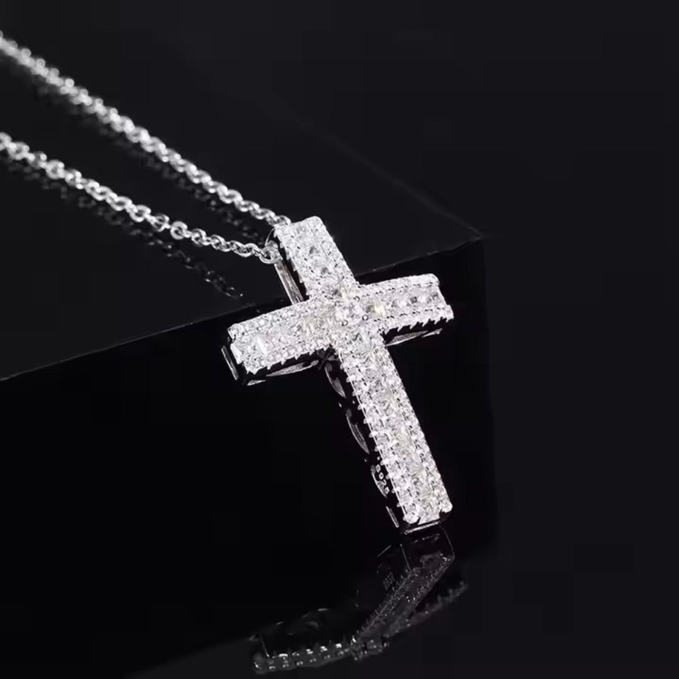 Baguette Moissanite Cross Pendant Necklace