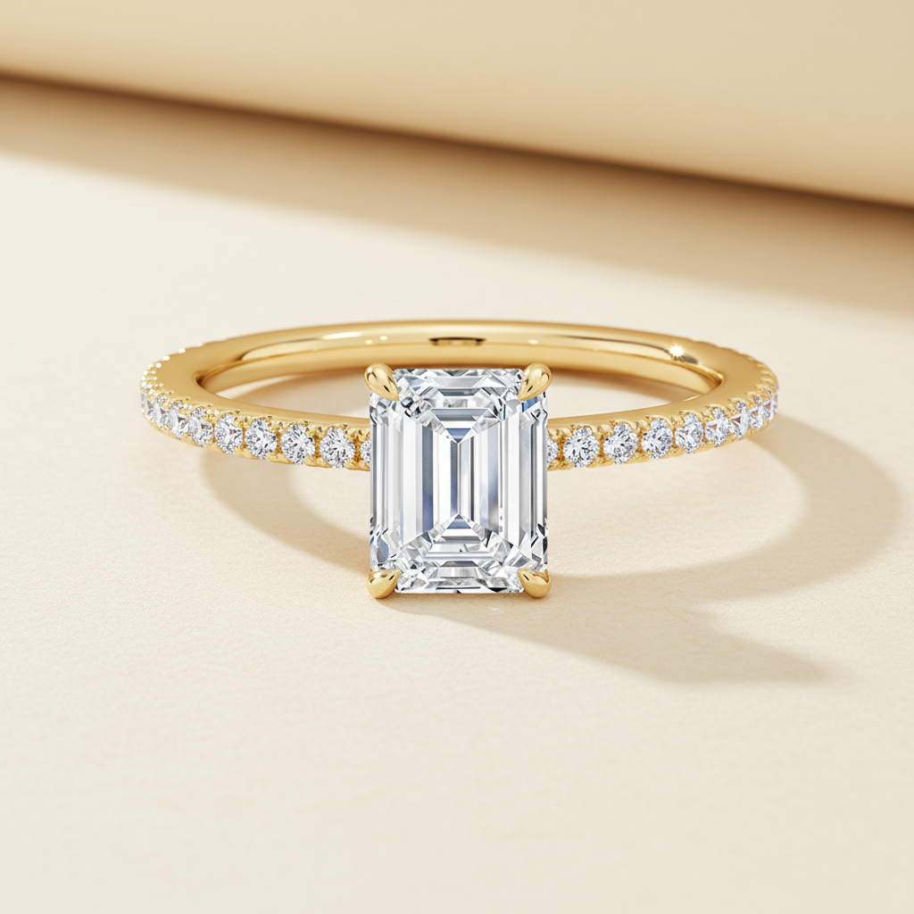 Emerald Secret Halo Moissanite Diamond Ring