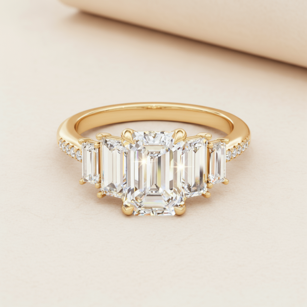 Emerald Five Stone Moissanite Diamond Ring