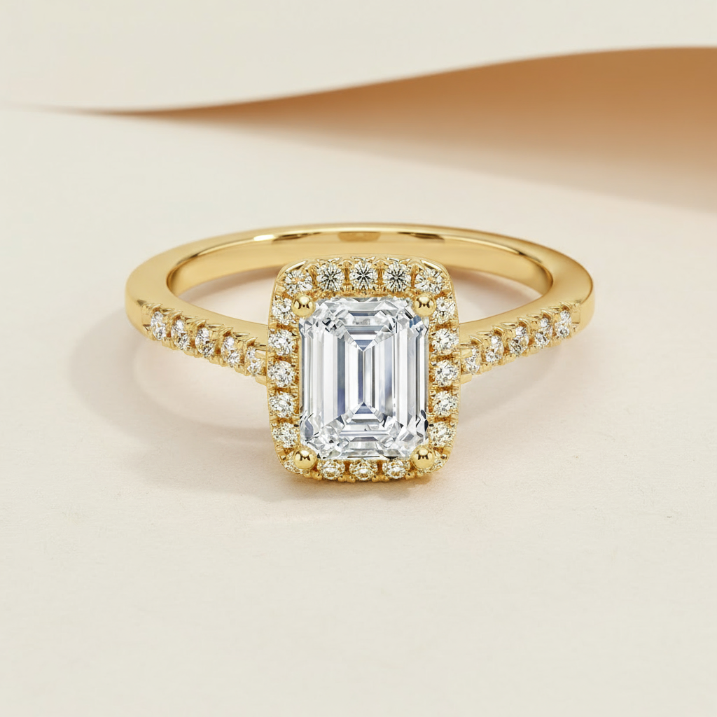 Emerald Cut Halo Moissanite Diamond Ring