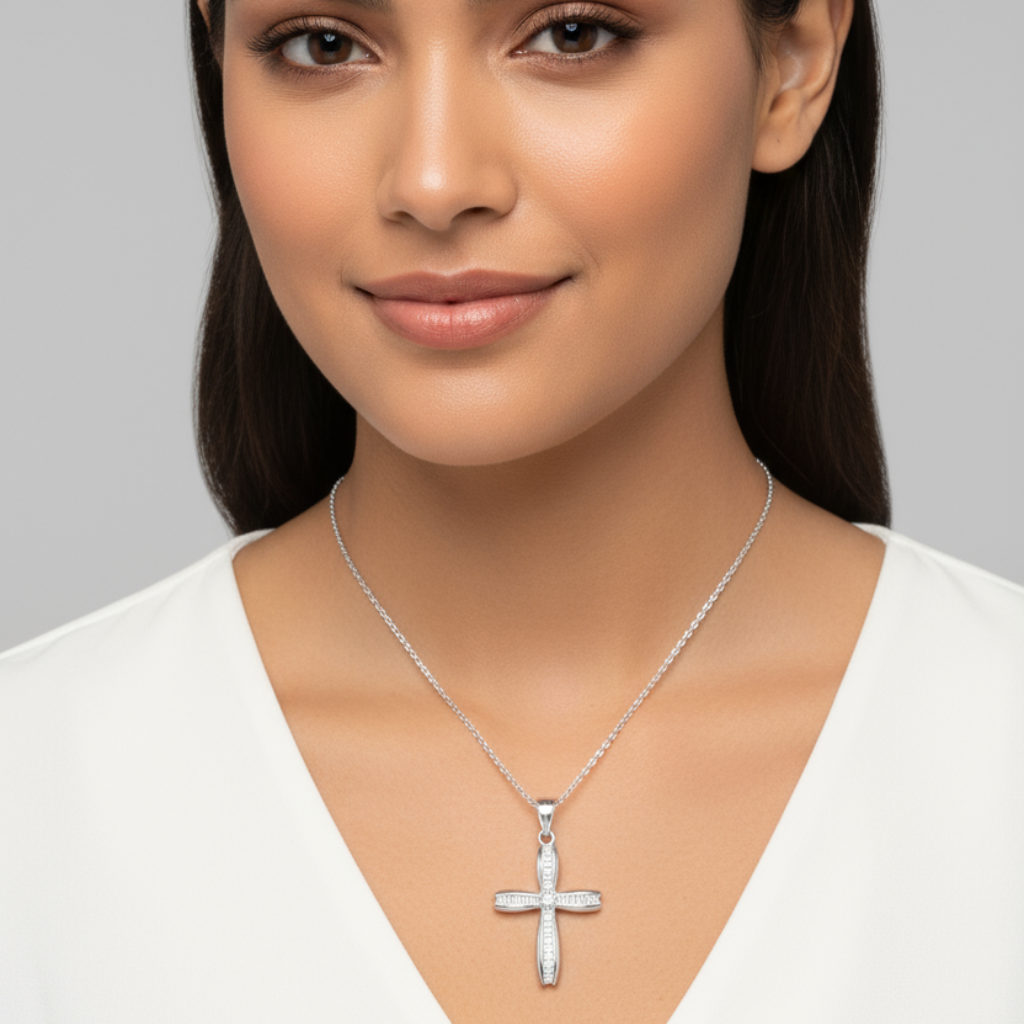 Baguette Round Cross Pendant Necklace