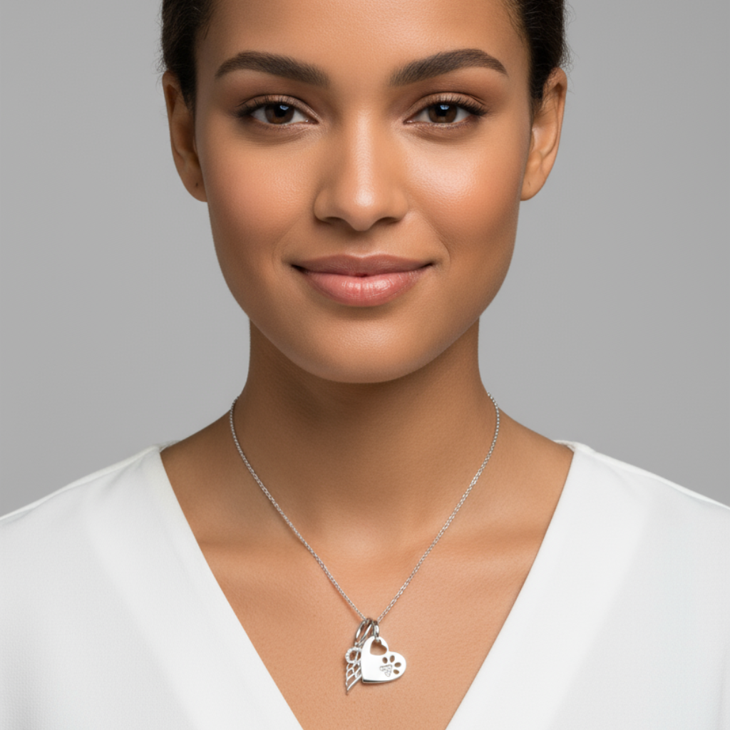 Paw Print Heart Angel Wing Pendant Necklace