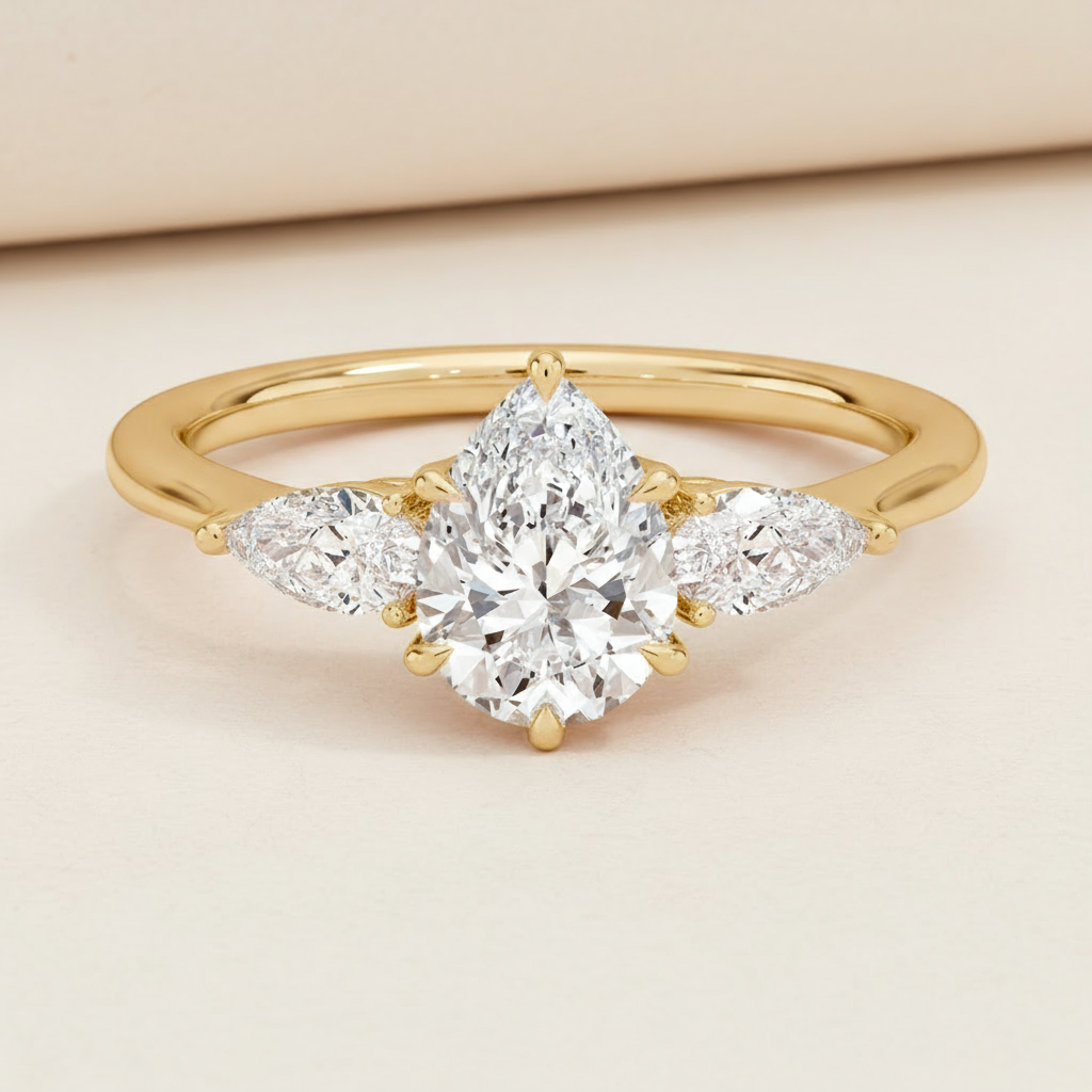 Pear Cut Three Stone Moissanite Diamond Ring