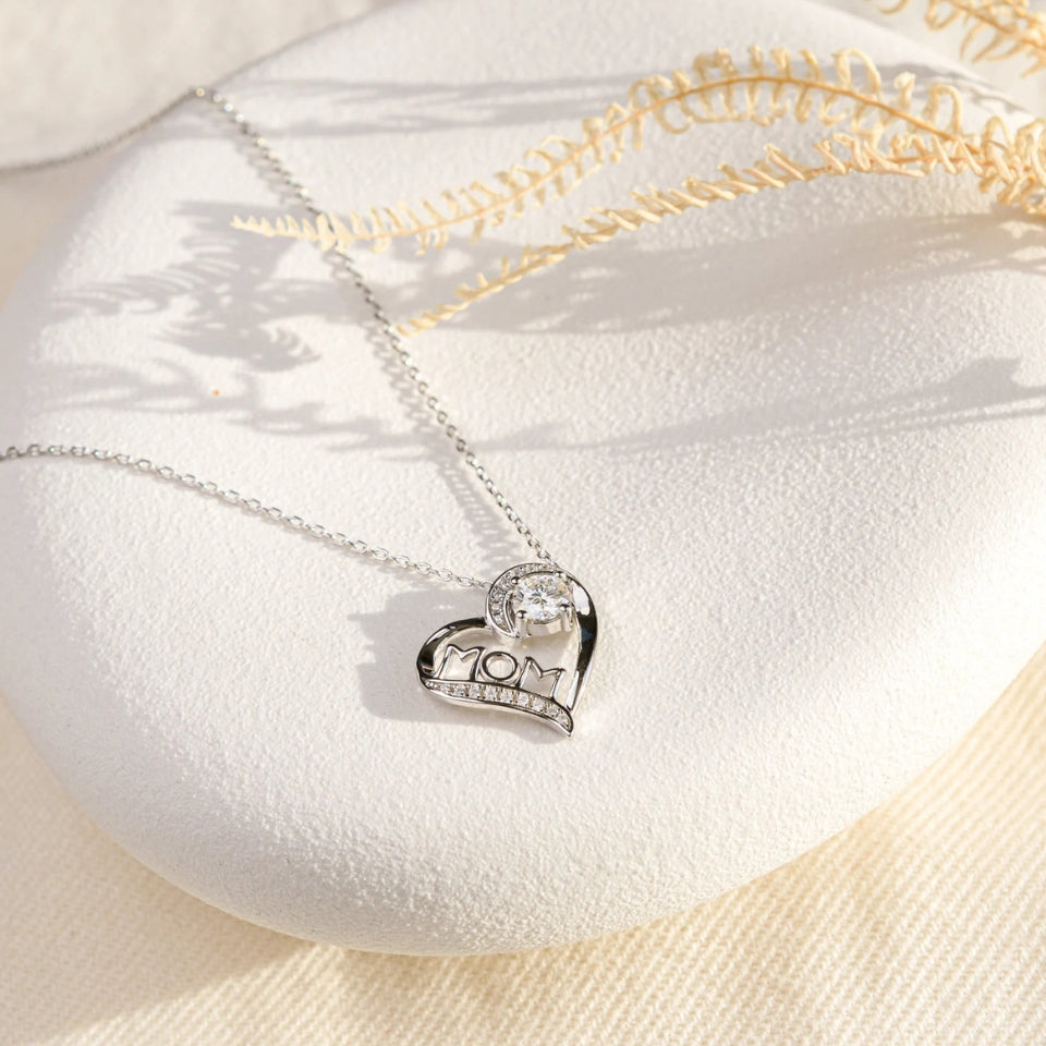 White Sapphire Mom Heart Pendant Necklace