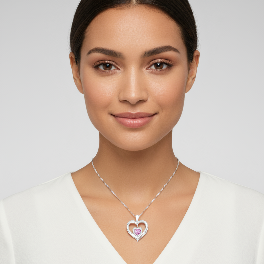 Pink Sapphire Double Love Heart Pendant Necklace