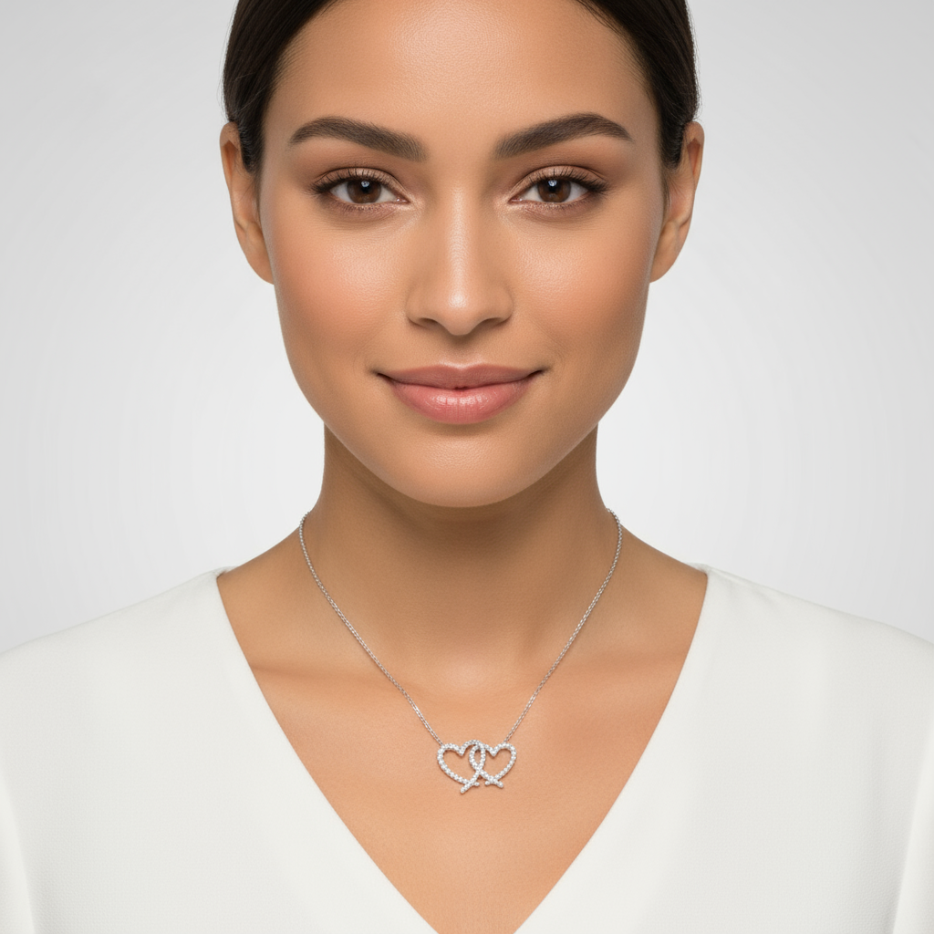 Round Cut Interlocking Double Heart Pendant Necklace