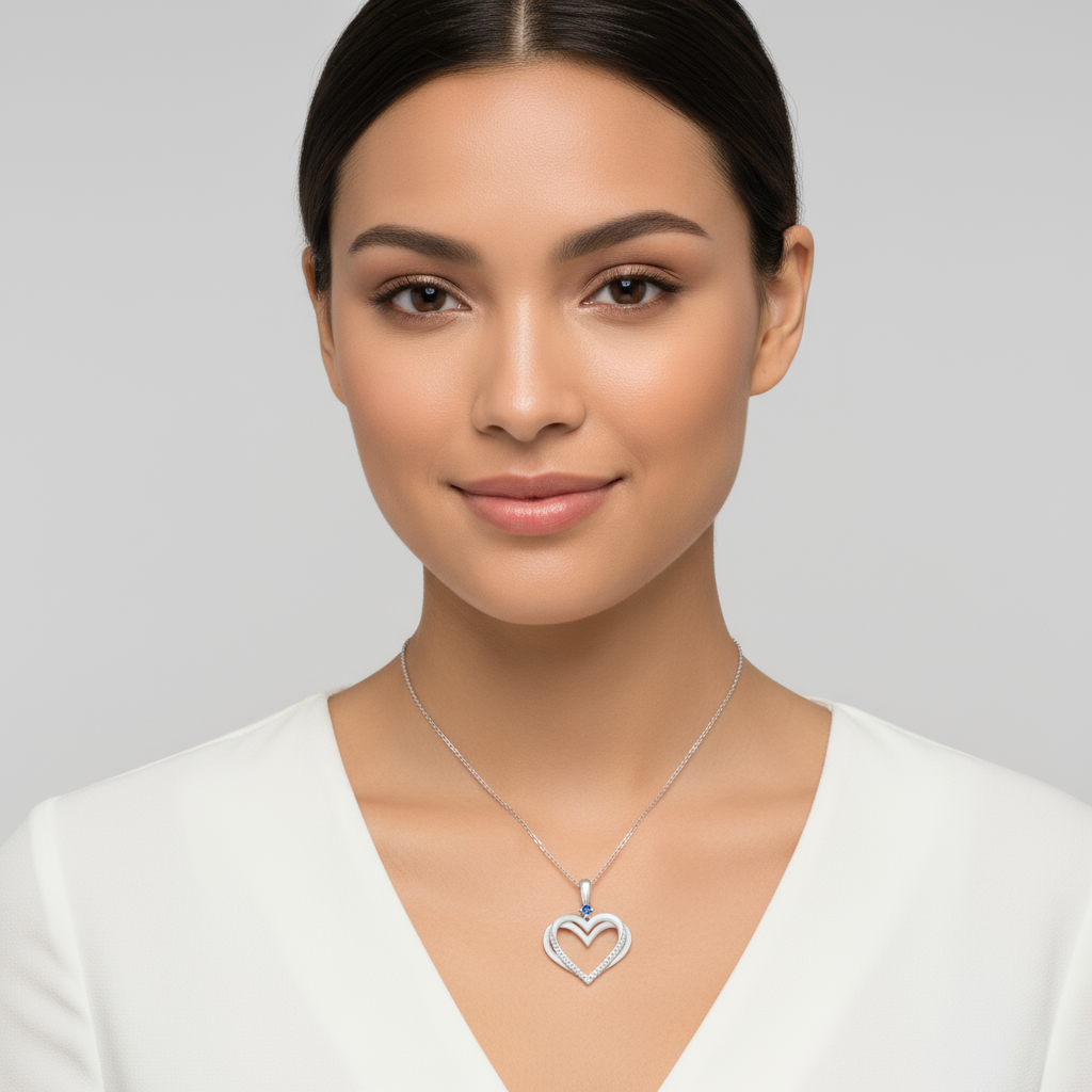 Lavish Blue Sapphire Double Heart Pendant Necklace
