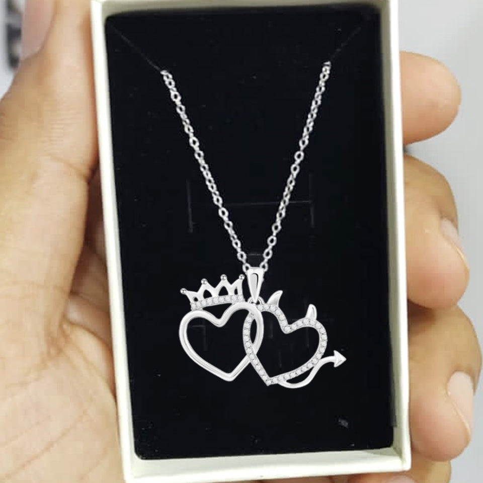 Crown Devil Double Heart Pendant Necklace