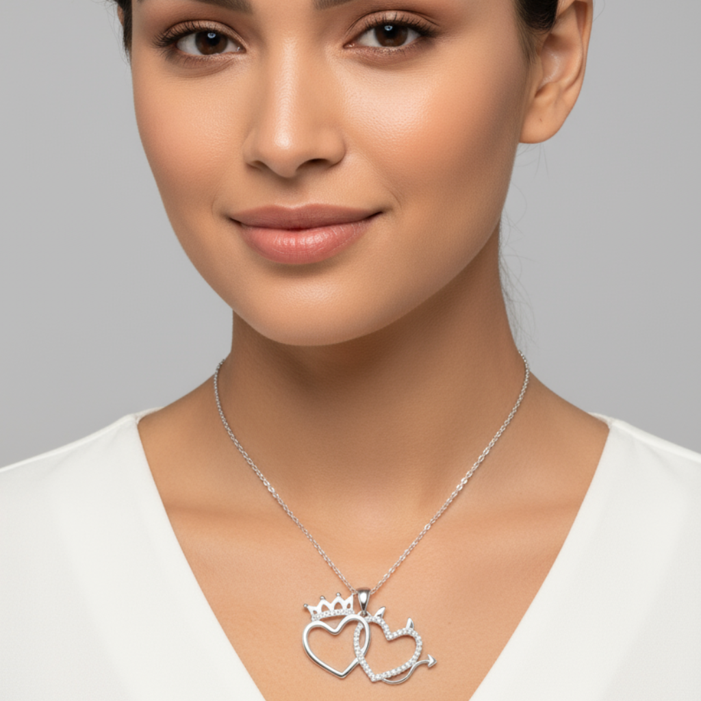 Crown Devil Double Heart Pendant Necklace