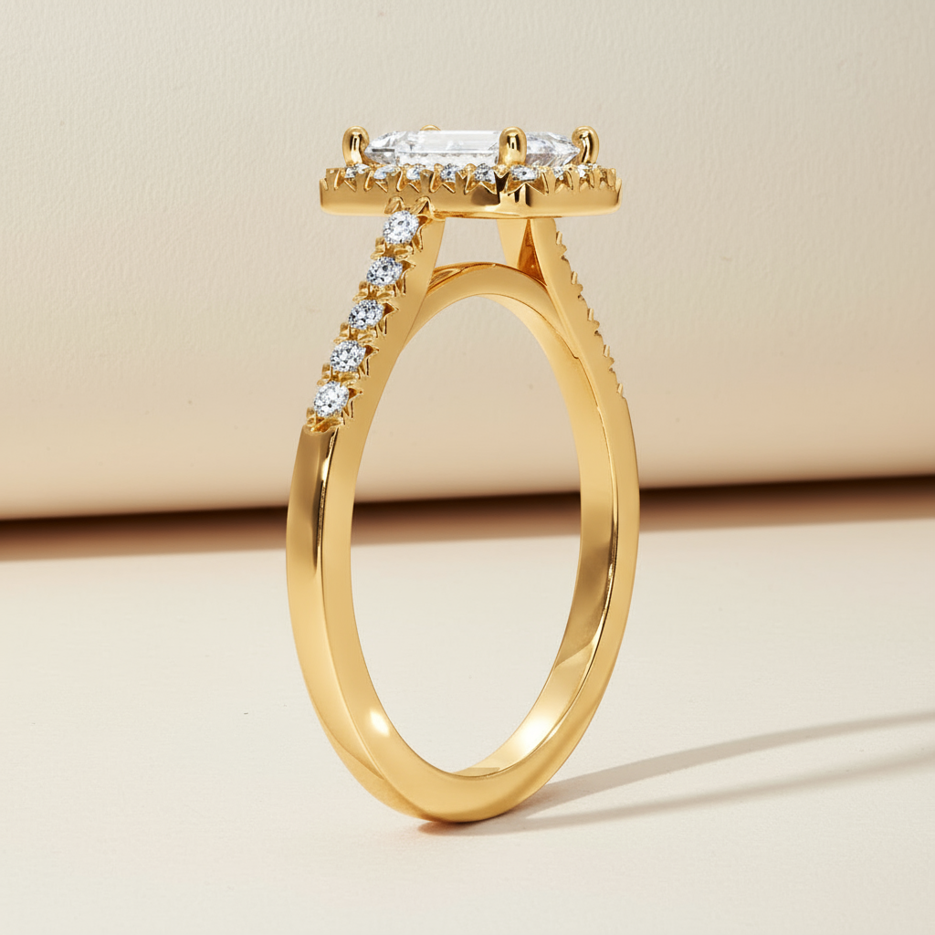 Emerald Cut Halo Moissanite Diamond Ring