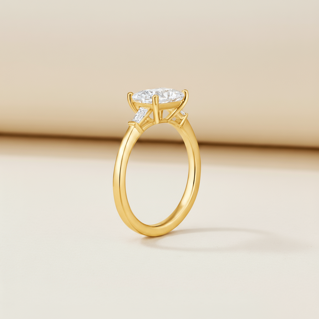 Emerald Three Stone Moissanite Diamond Ring