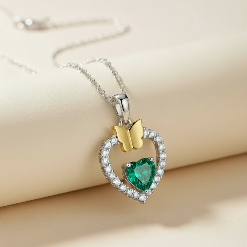 Gemstone Heart Butterfly Pendnat Necklace