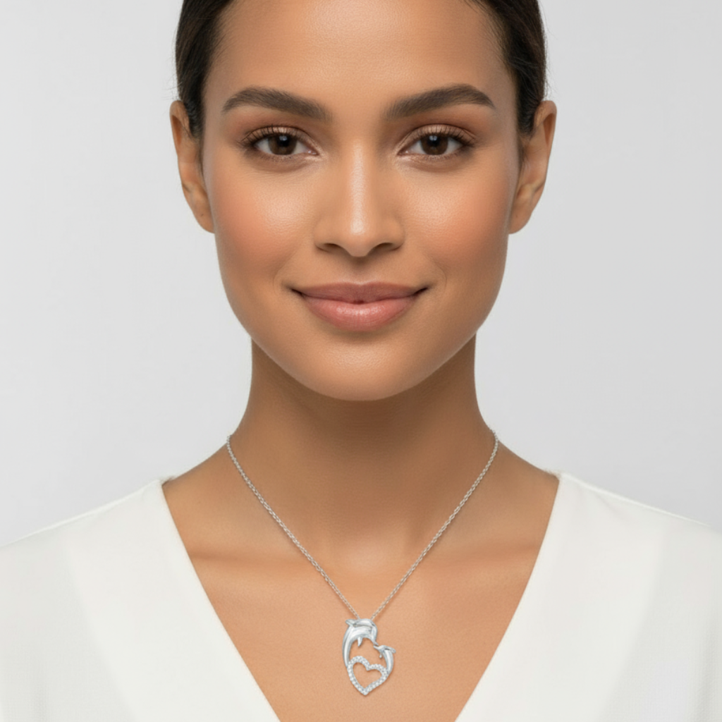 Mother Love Dolphin Heart Pendant Necklace