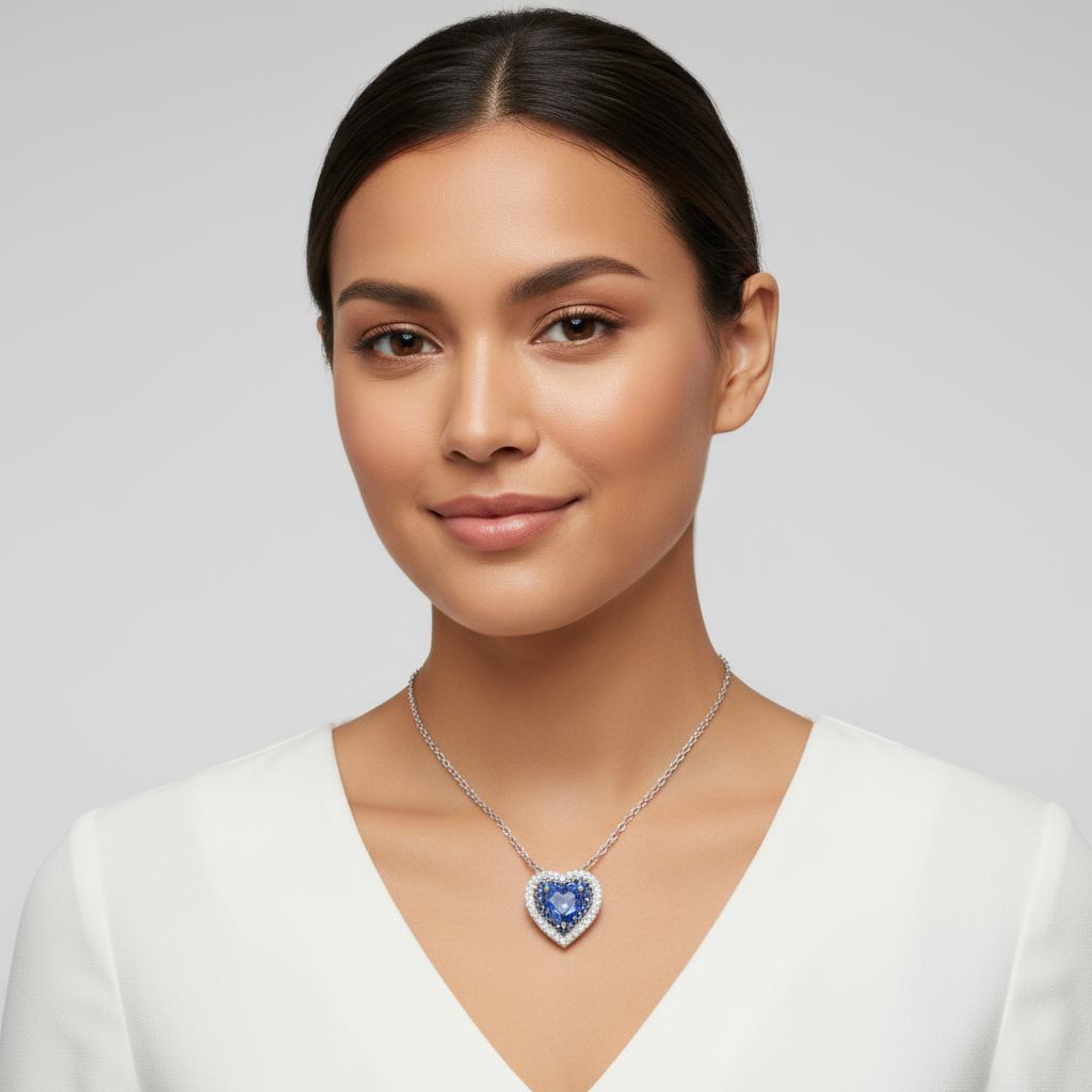 Blue Sapphire Double Heart Pendant Necklace