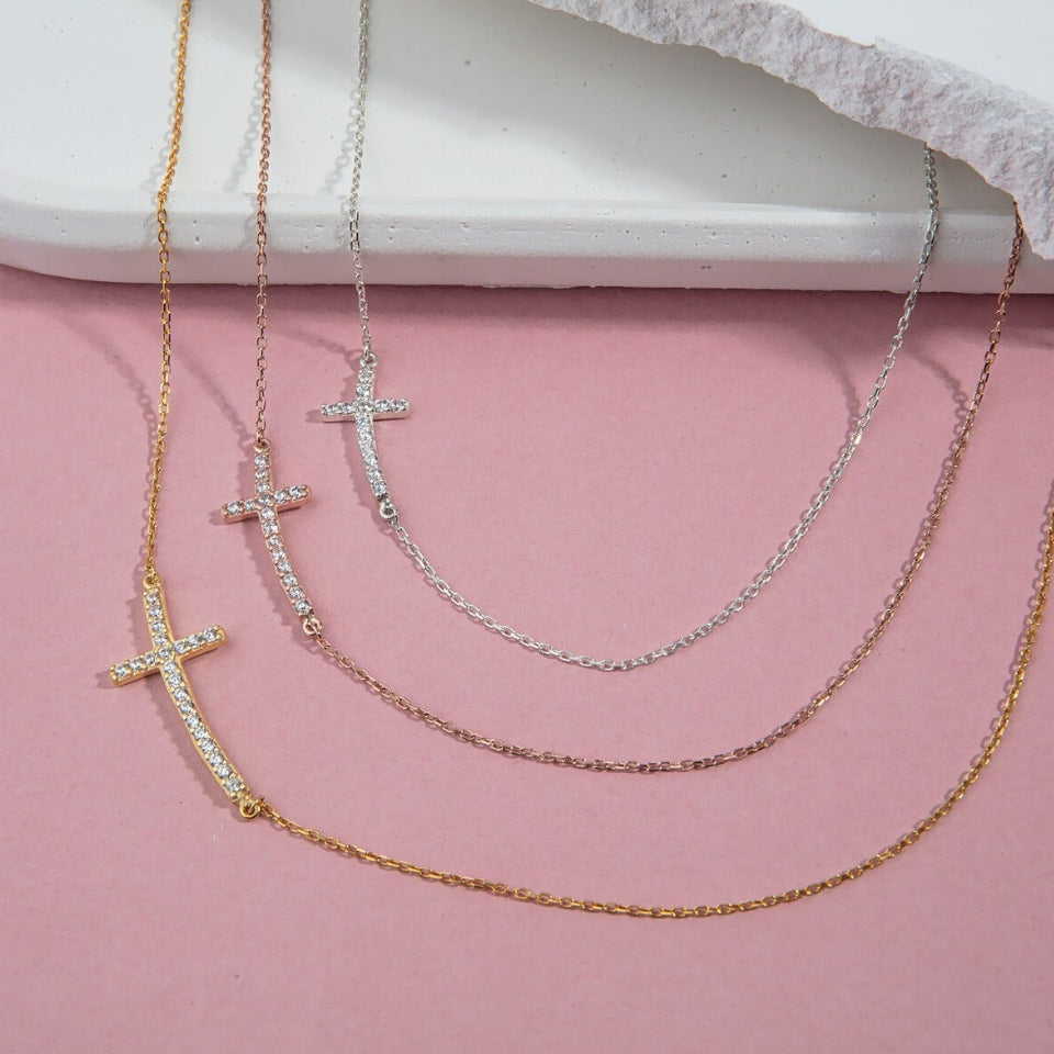 Curved Sideway Cross Pendant Necklace