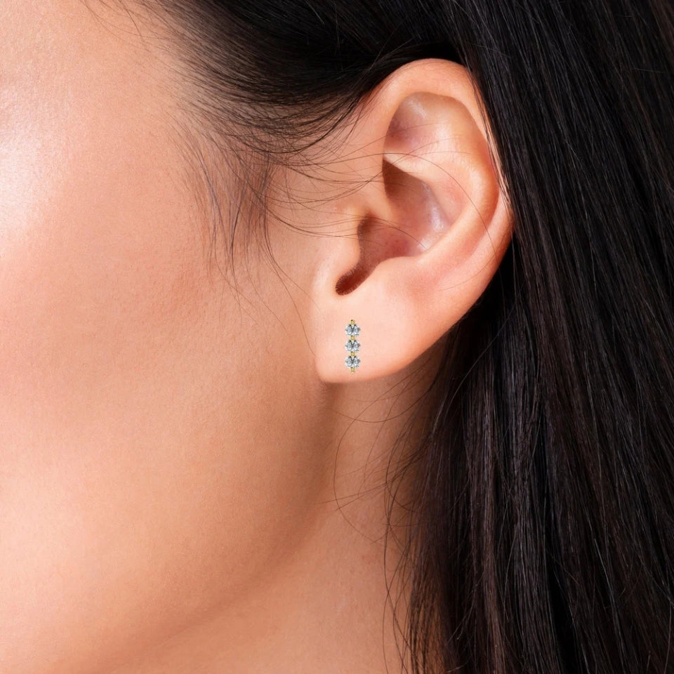 Three Stone Moissanite Diamond Bar Stud