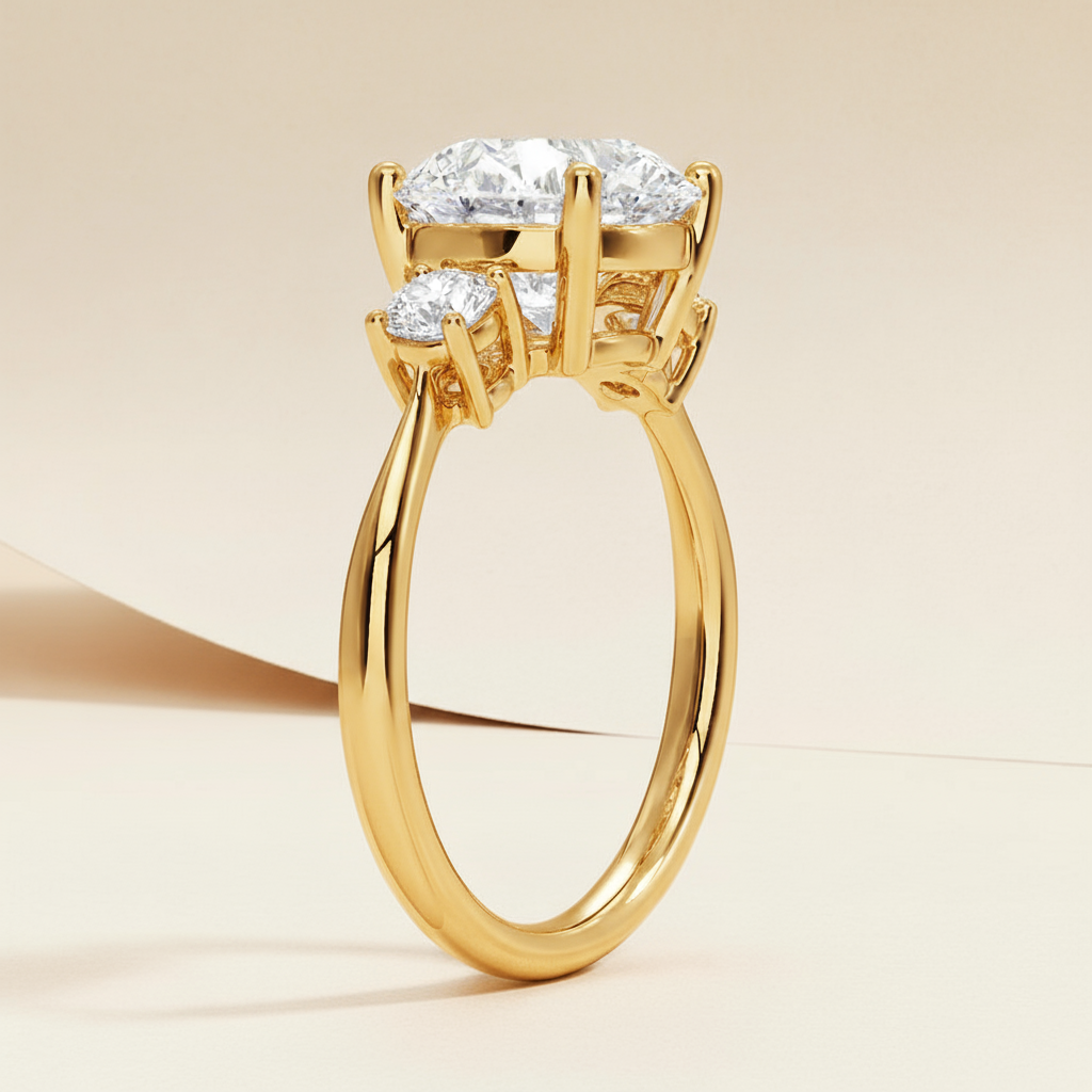 Round Three Stone Moissanite Diamond Engagement Ring