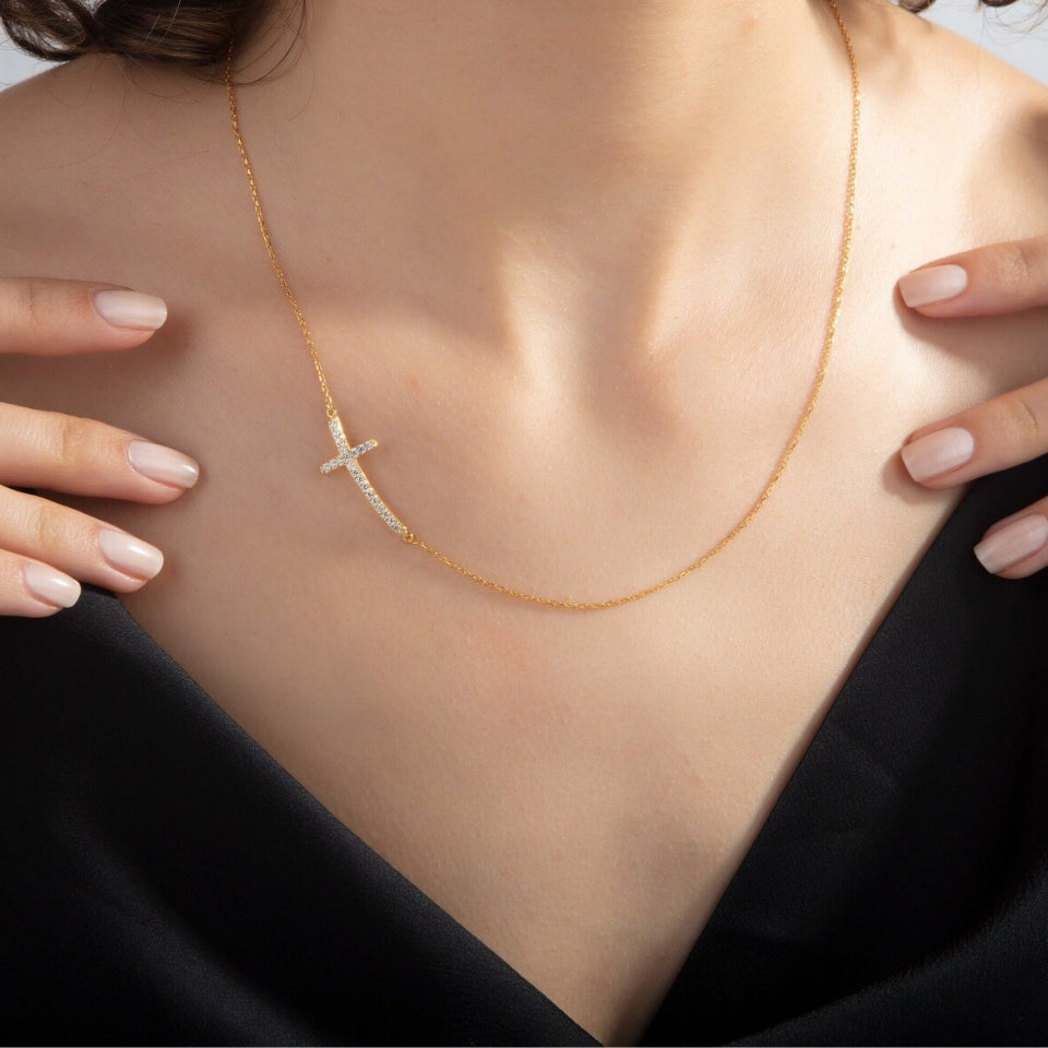 Curved Sideway Cross Pendant Necklace