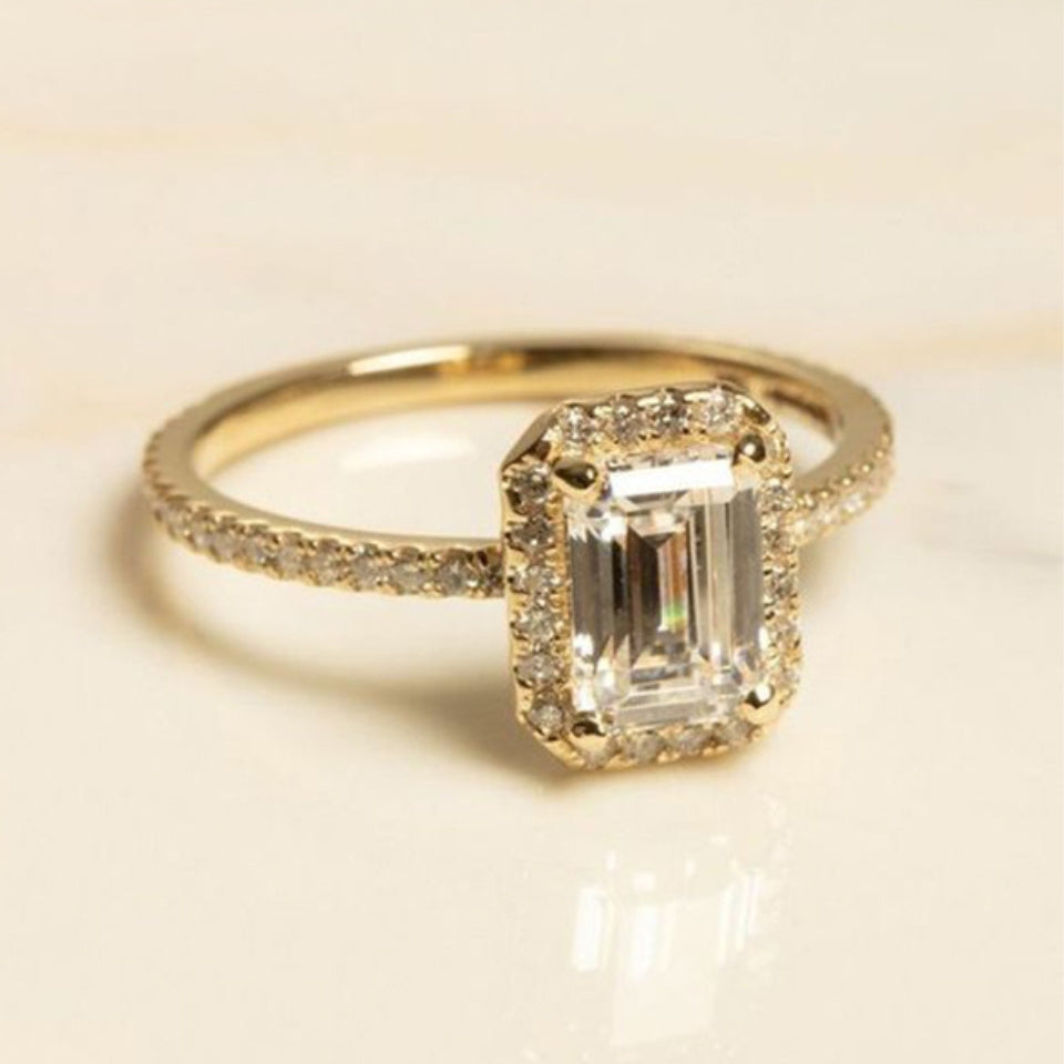 Emerald Cut Halo Moissanite Diamond Ring