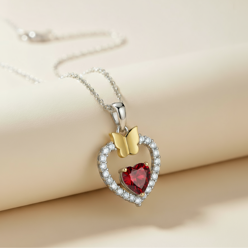 Gemstone Heart Butterfly Pendnat Necklace