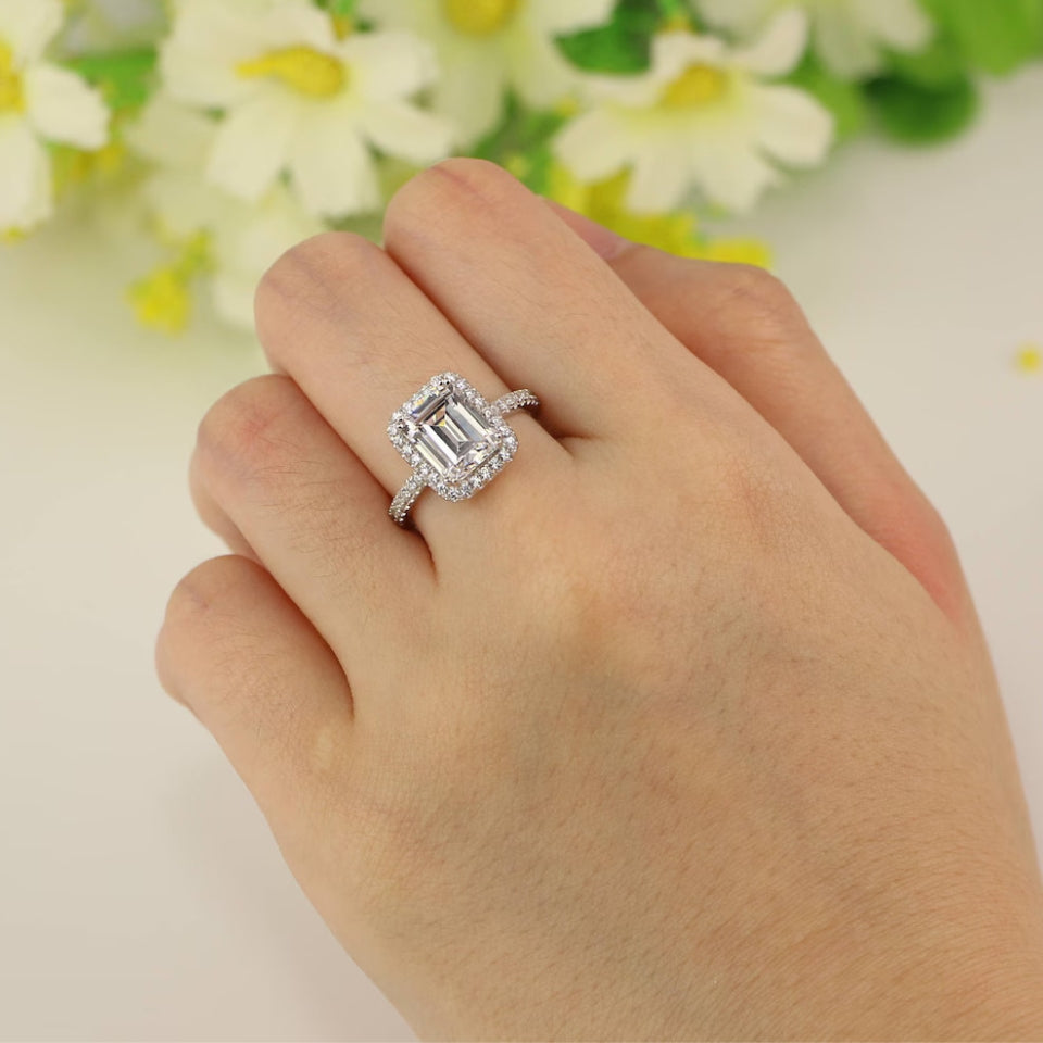 Emerald Cut Halo Moissanite Diamond Ring