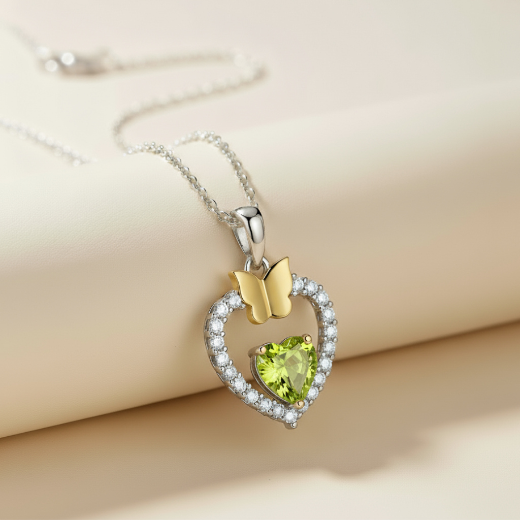 Gemstone Heart Butterfly Pendnat Necklace