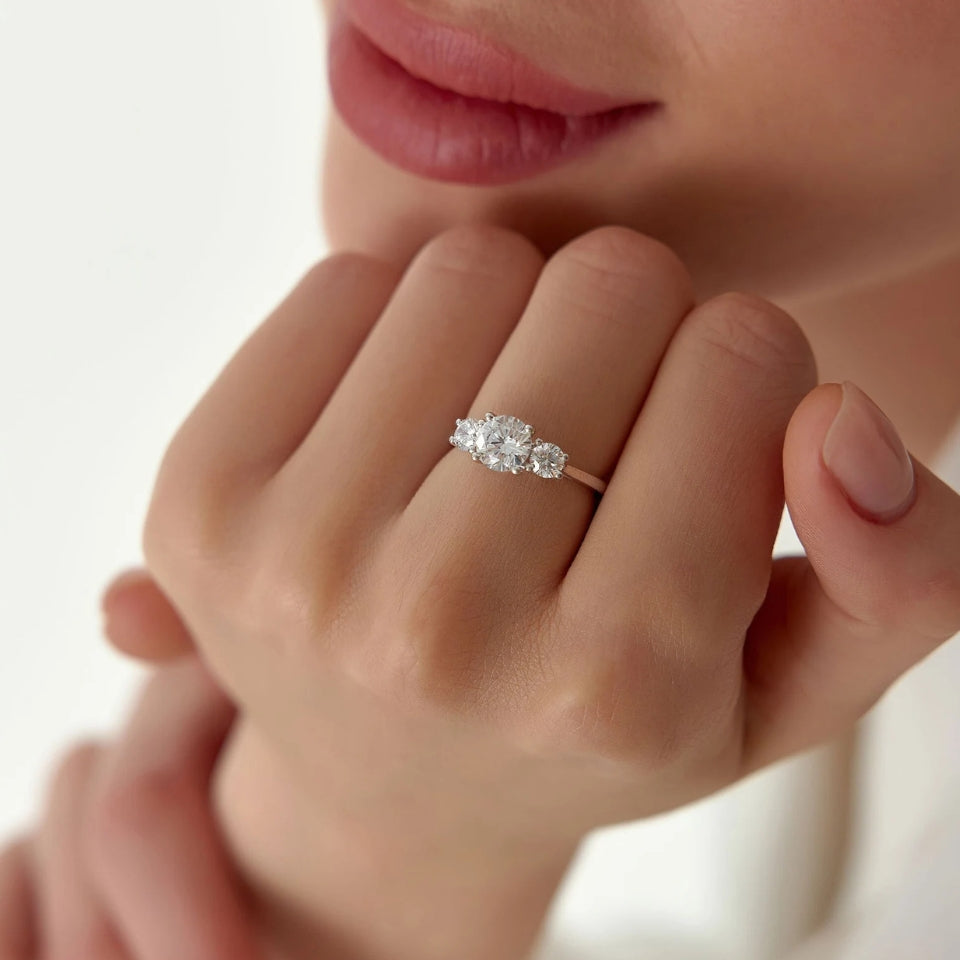 Round Three Stone Moissanite Diamond Engagement Ring