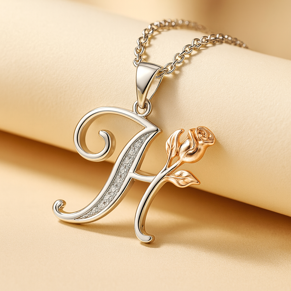 Initial Alphabet Rose Pendant Necklace
