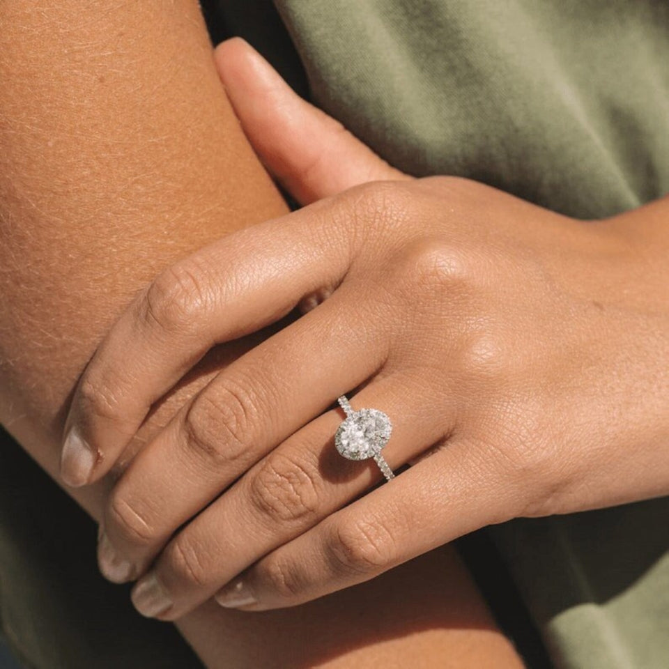 Oval Halo Half Moissanite Diamond Ring