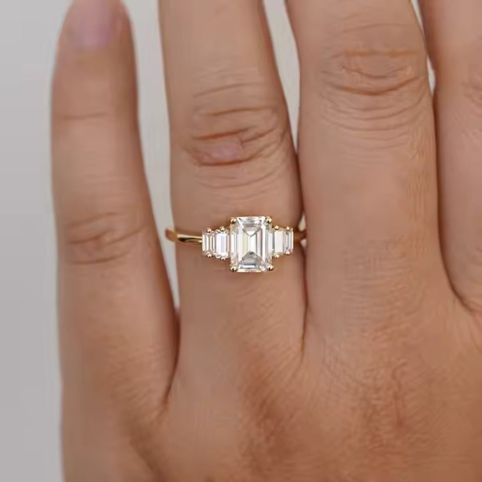 Emerald Five Stone Moissanite Diamond Ring