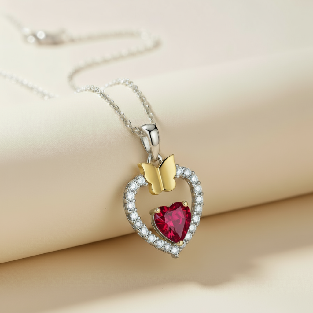 Gemstone Heart Butterfly Pendnat Necklace